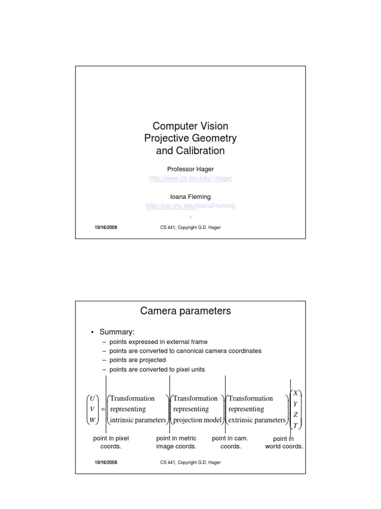 Computer Vision Projective Geometry and Calibration Summary PDF Basis (Linear Algebra