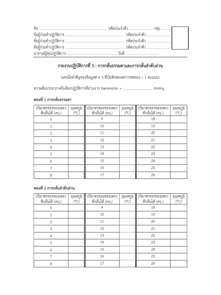 แบบรายงานปฏิบัติการที่ 5 การกลั่นธรรมดาและการกลั่นลำดับส่วน-3-68 | PDF