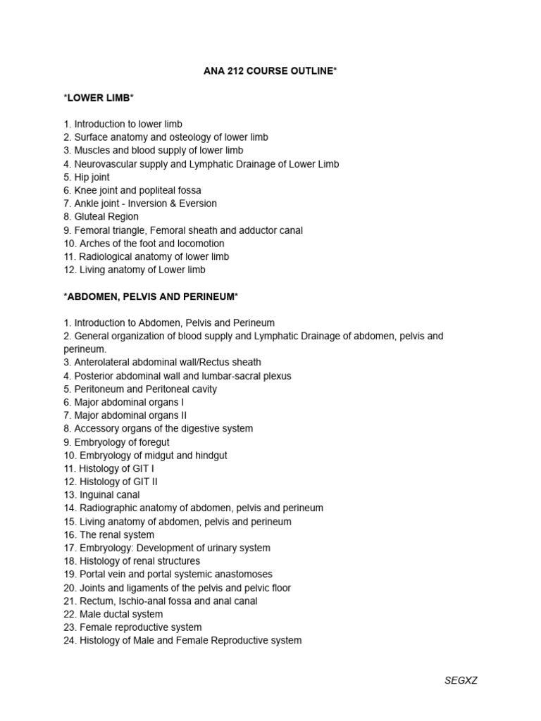 Ana 211-212 Course Outline | PDF | Abdomen | Pelvis