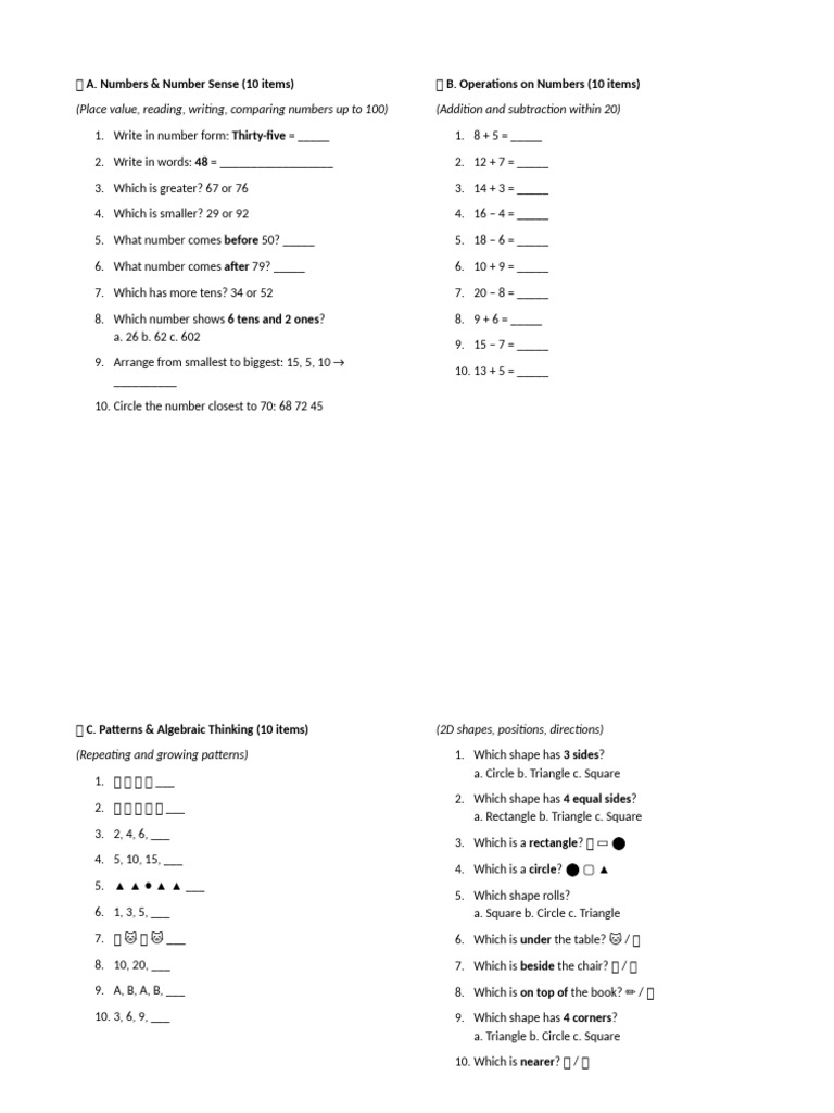 Grade 1 Math Assessment | PDF | Subtraction | Mathematics