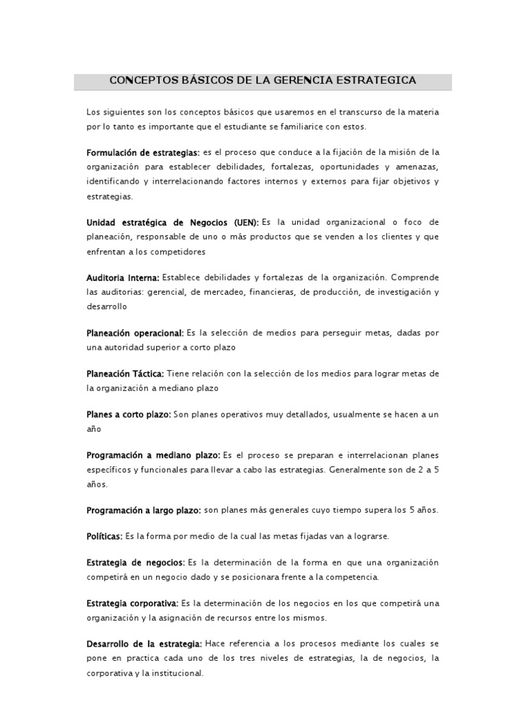 CONCEPTOS BÁSICOS DE LA GERENCIA ESTRATEGICA 