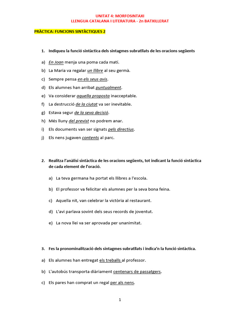 PRÀCTICA 2 Funcions Sintàctiques | PDF