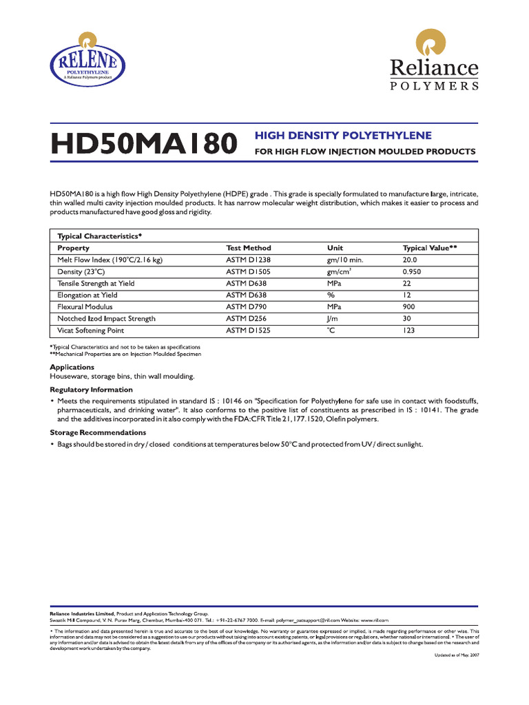 Reliance Hdpe 50ma180 Tds | PDF