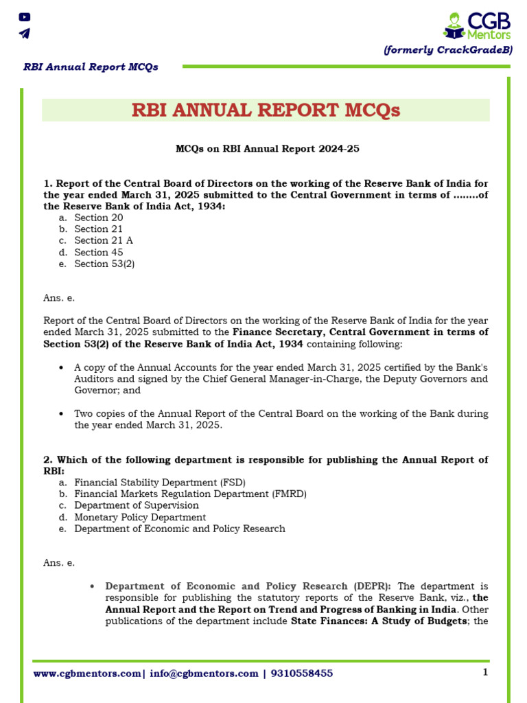 RBI Annual Report MCQs Top 50 Class 1 Lyst1758015050782 | PDF ...