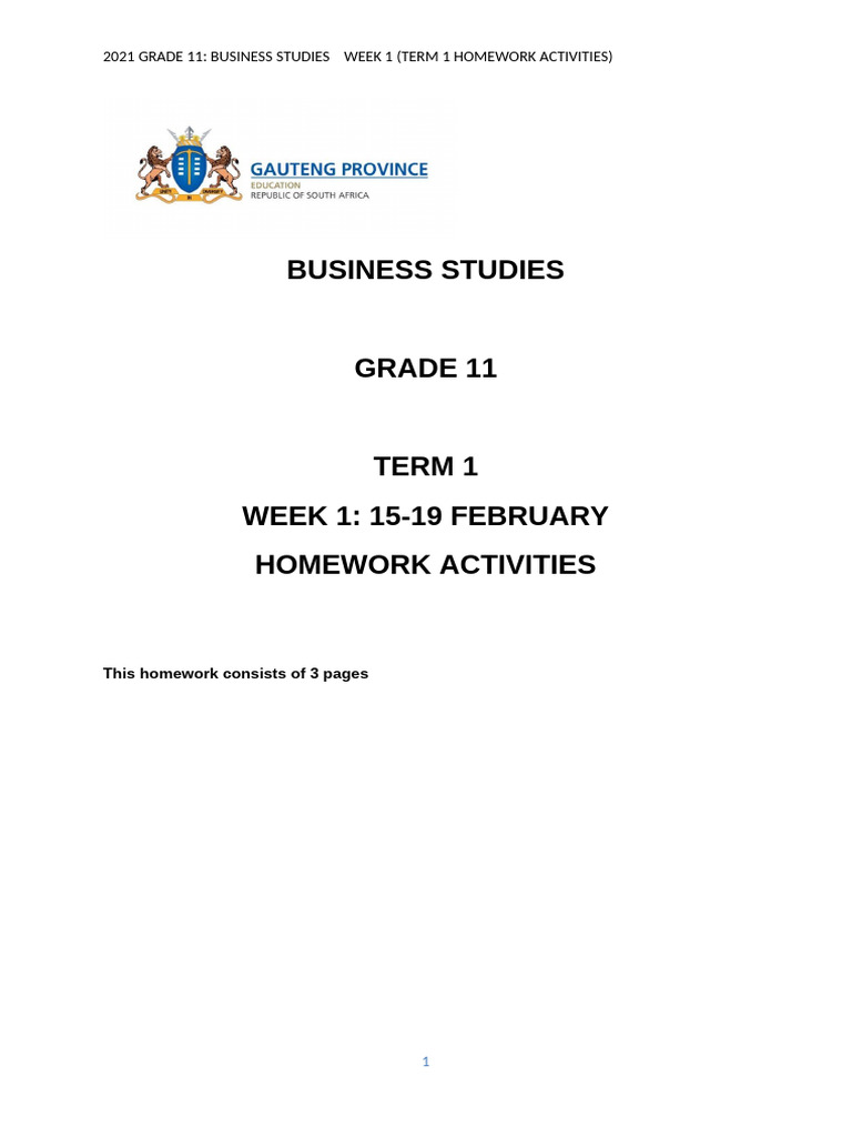 2021 BSTD Grade 11 Week 1 (Term1) Homework Activities | PDF