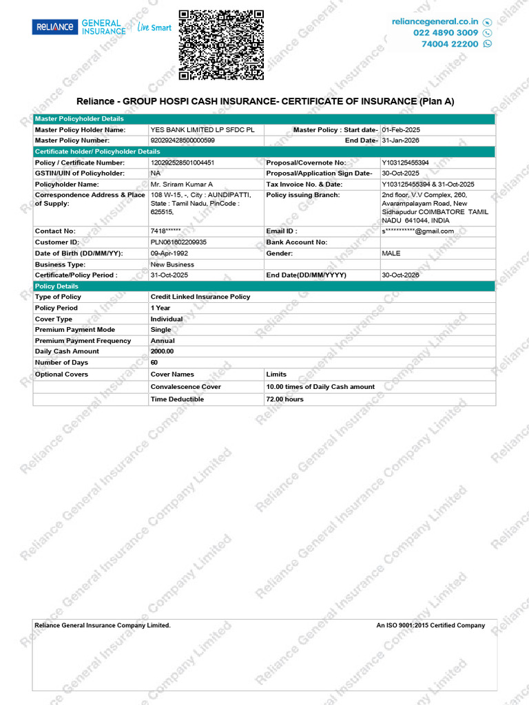 Reliance - Group Hospi Cash Insurance-Certificate of Insurance (Plan A ...