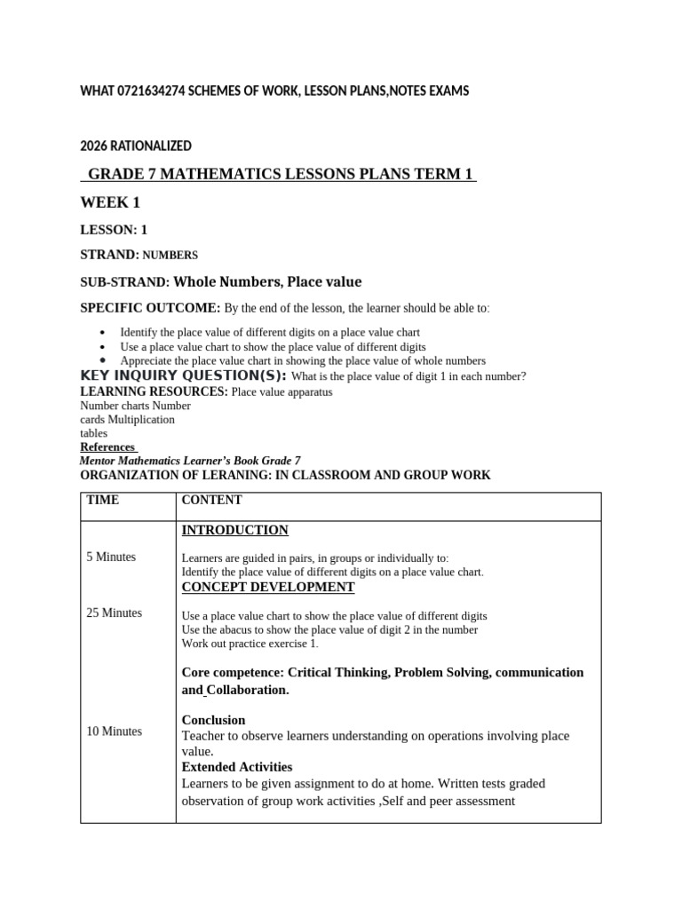 ? 2026 Lesson Plans GR 7 Mathematics Lessons Plans Term 1 | PDF ...