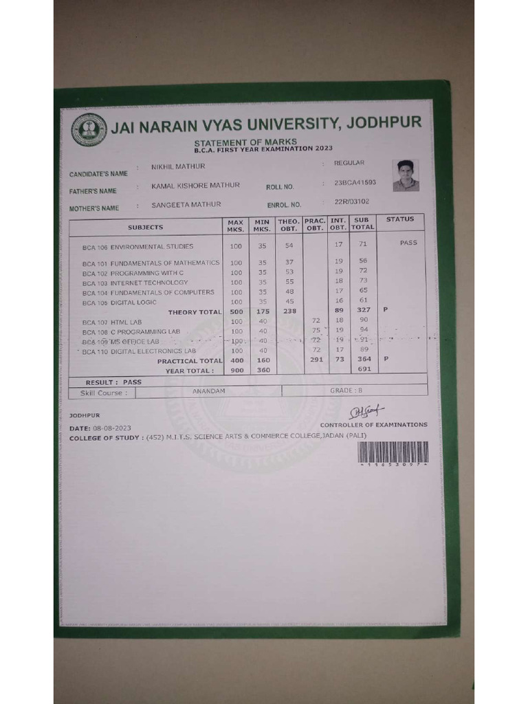 1st Yeaar Marksheet | PDF