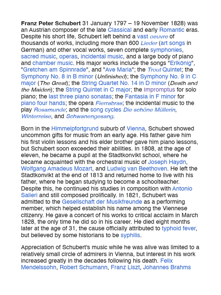 Schubert A Short Biography and His Works | PDF | Franz Schubert | Music