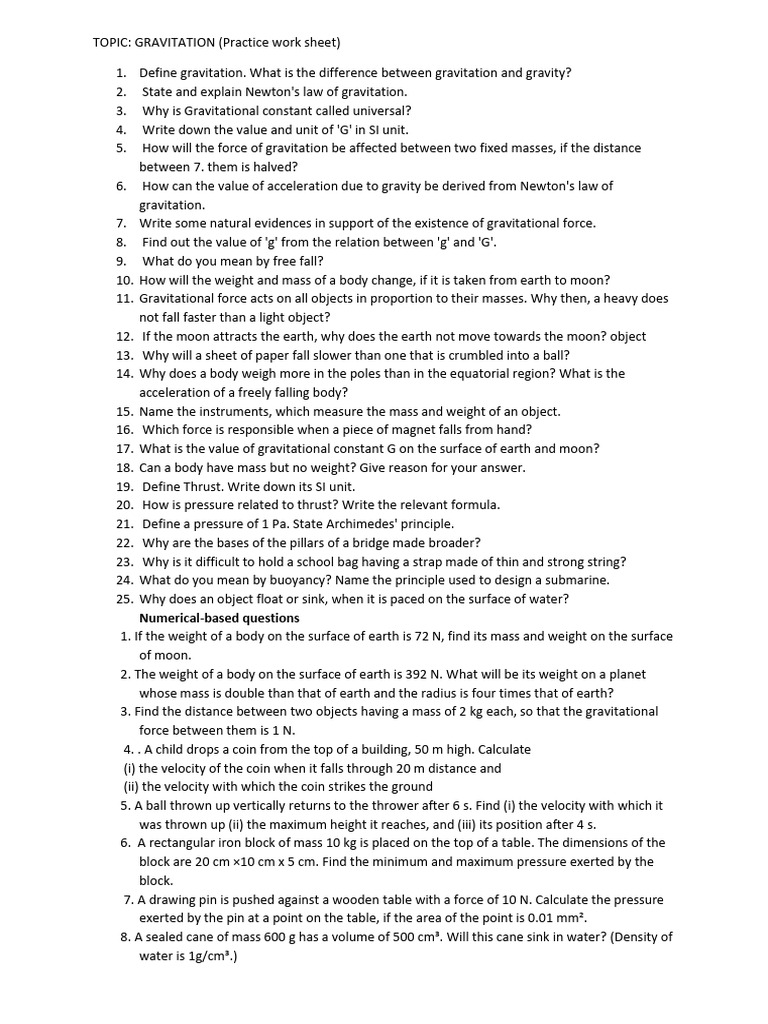 Worksheet of Gravitation | PDF | Gravity | Weight