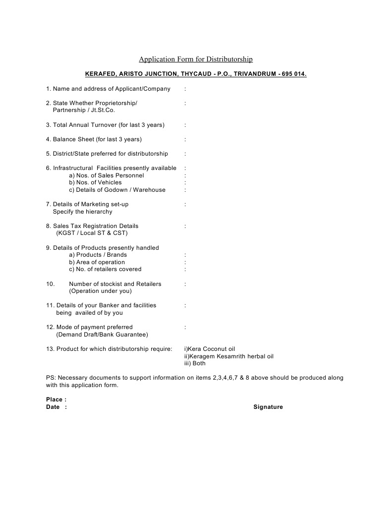 Application Form For Distributorship Kerafed, Aristo Junction, Thycaud
