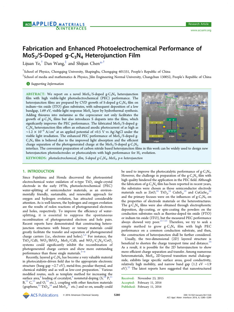Fabrication and Enhanced Photoelectrochemical Performance of Mos2 S ...