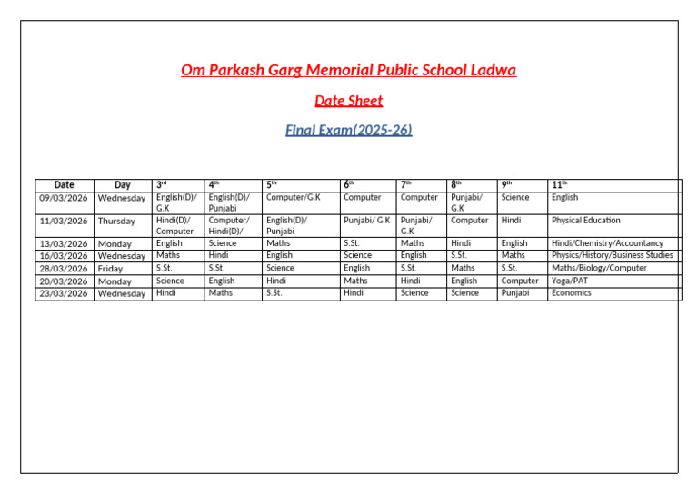 Final Date Sheet 3rd To 11th | PDF