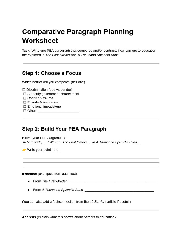 Comparative Paragraph Planning Worksheet | PDF