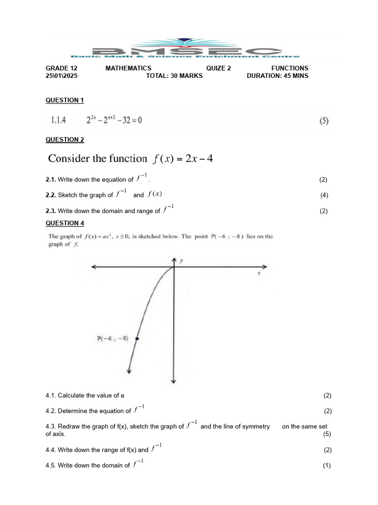 Bmsec Mathematics Grade 12 Quize 2-1 | PDF