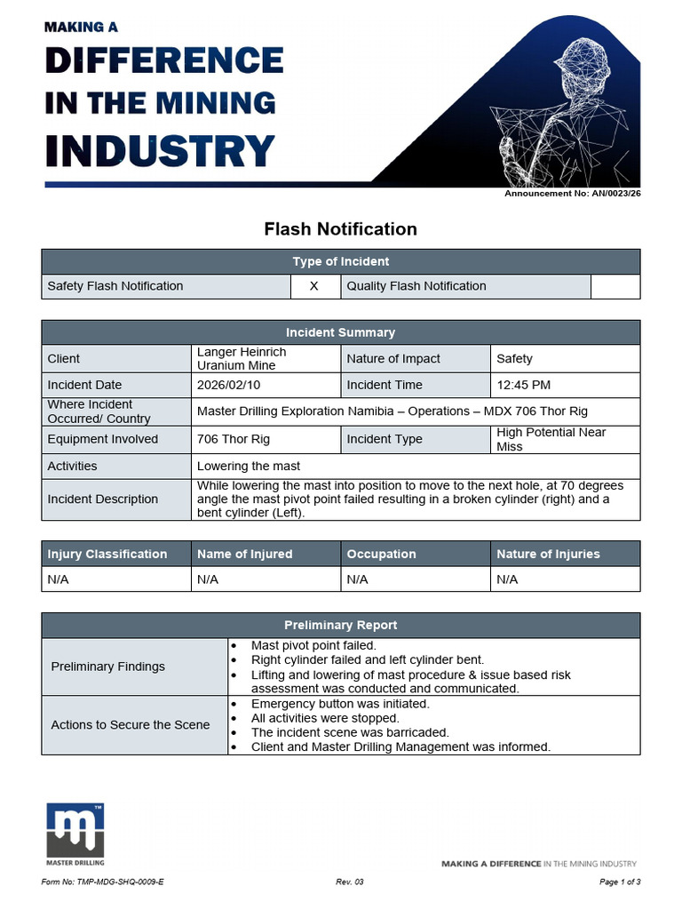 Safety Flash Notification MDX Namibia High Potential Near Miss | PDF ...