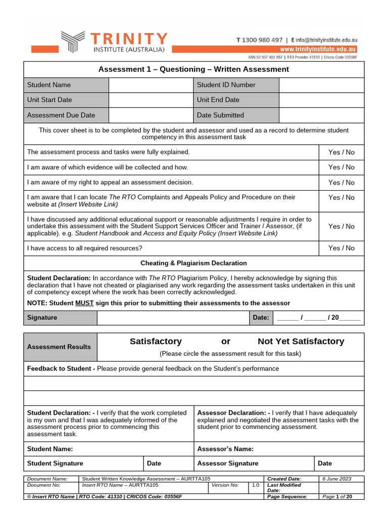 Assessment 1 Student Questioning Written Knowledge Assessment AURTTA105 ...
