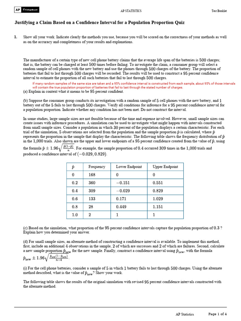 Justifying A Claim Based On A Confidence Interval For A Population ...