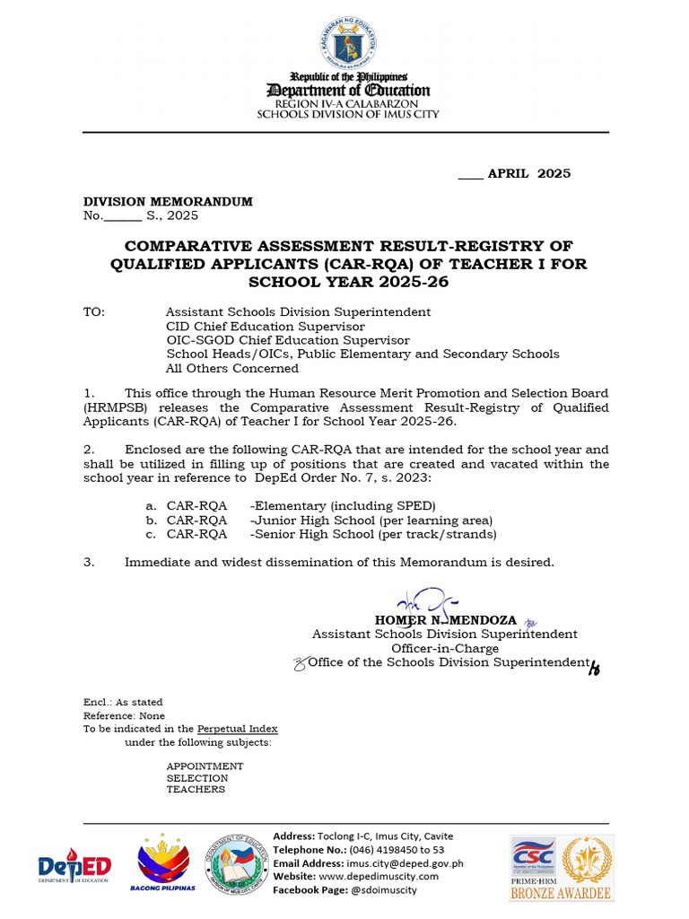 Comparative Assessment Result-Registry of Qualified Applicants (Car-Rqa ...