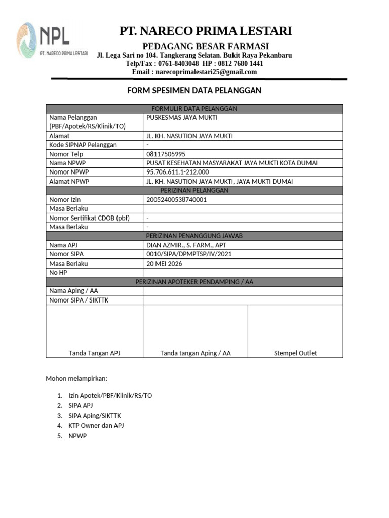 Form Spesimen Pelanggan NARECO | PDF