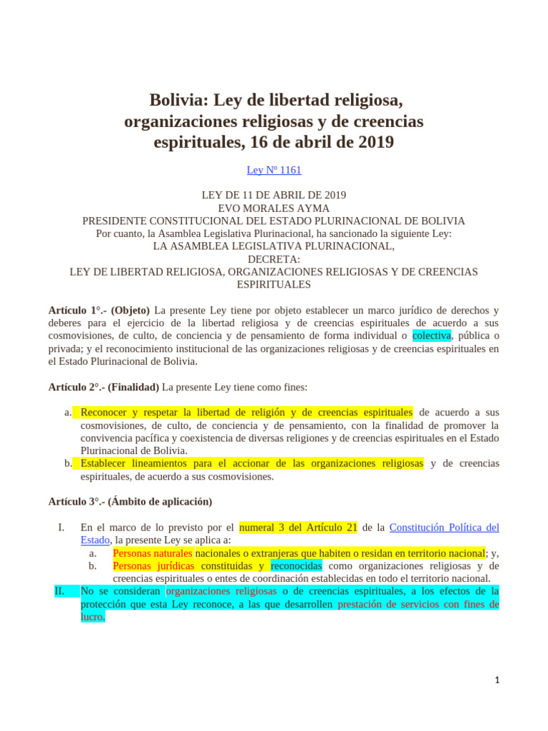 LEY 1161 - Ley de Libertad Religiosa | PDF | Libertad de religión | Bolivia