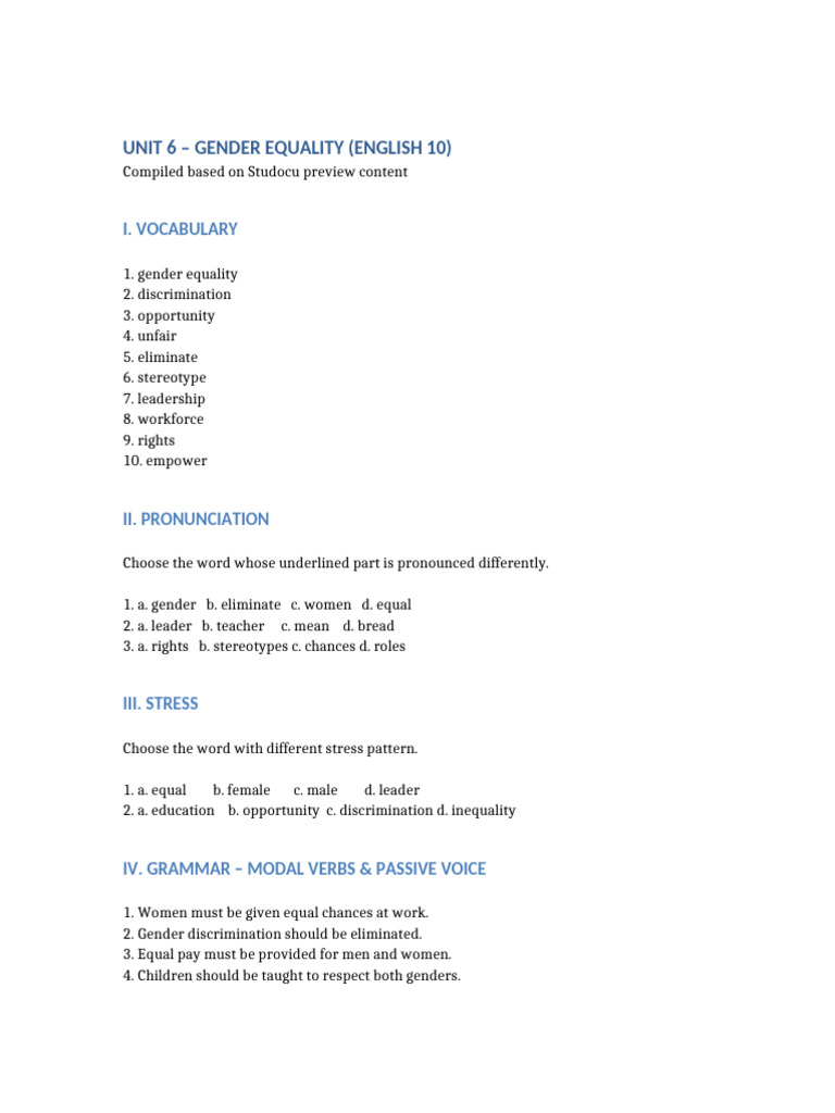Unit 6 Gender Equality Studocu Preview | PDF