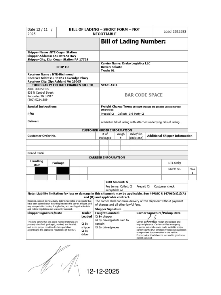 Bill of Lading Number:: Date 12 / 11 / 2025 Load 2925583 | PDF | Cargo ...