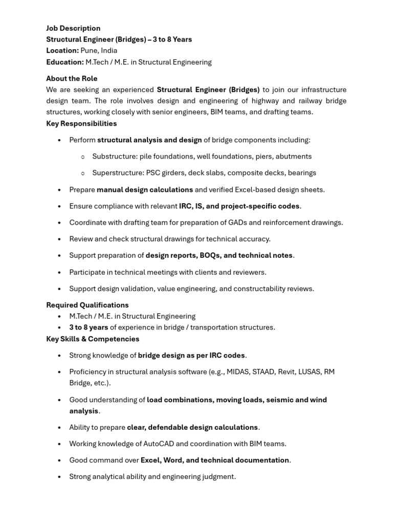 JD-Structural Design Engineer | PDF | Bridge | Engineering