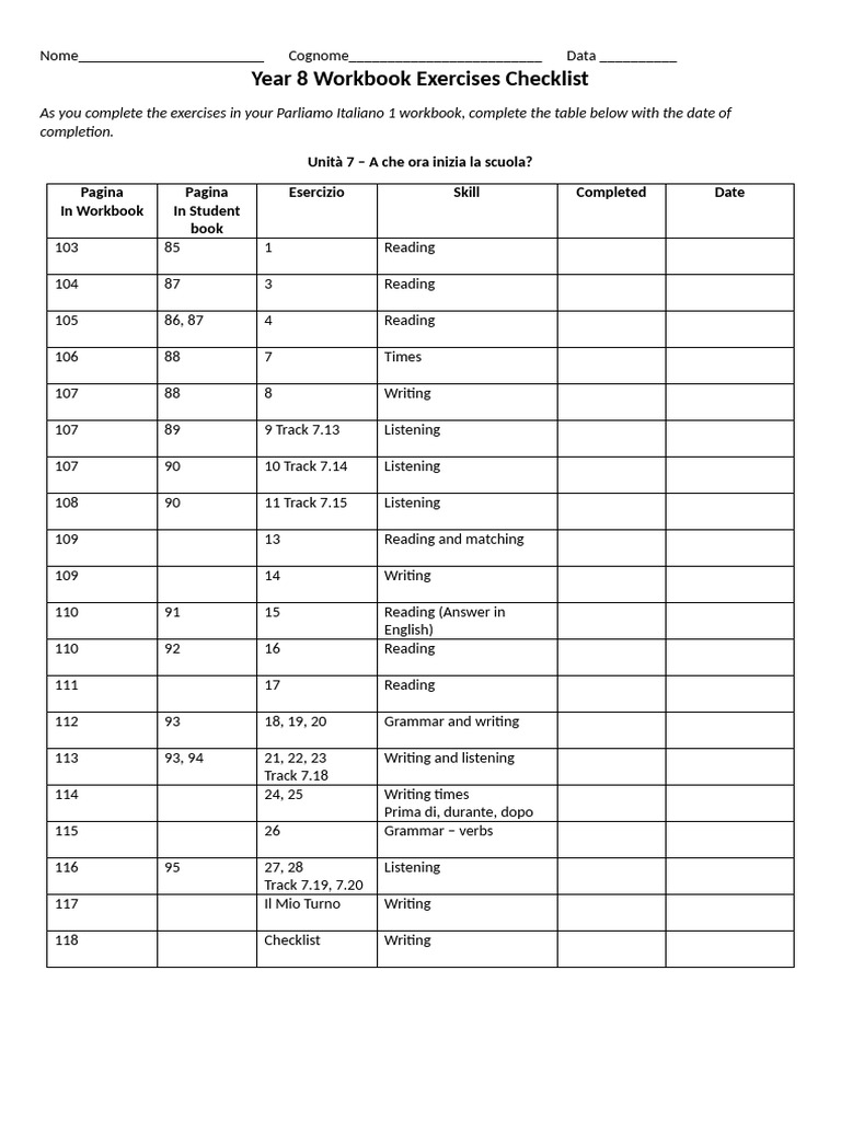 Year 8 Workbook Exercises Checklist - Unita 7 | PDF