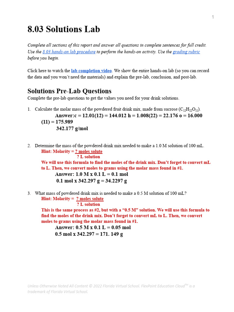 8.03 Solutions Lab | PDF | Mole (Unit) | Taste