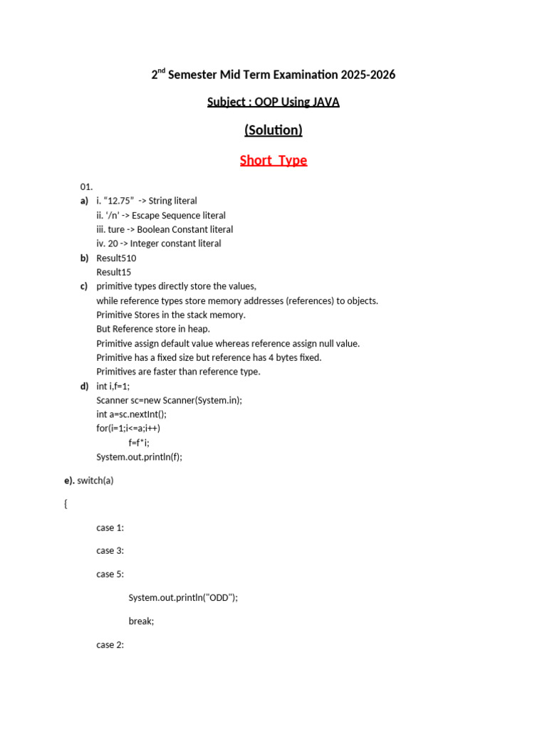2nd Semester Mid Term Examination 2025-Java-Solution | PDF | Integer ...