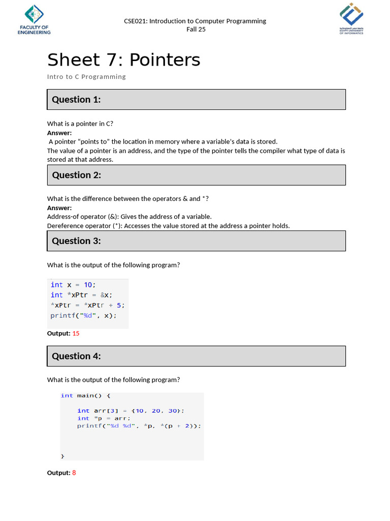 Sheet 7 Solution | PDF | Pointer (Computer Programming) | Integer ...