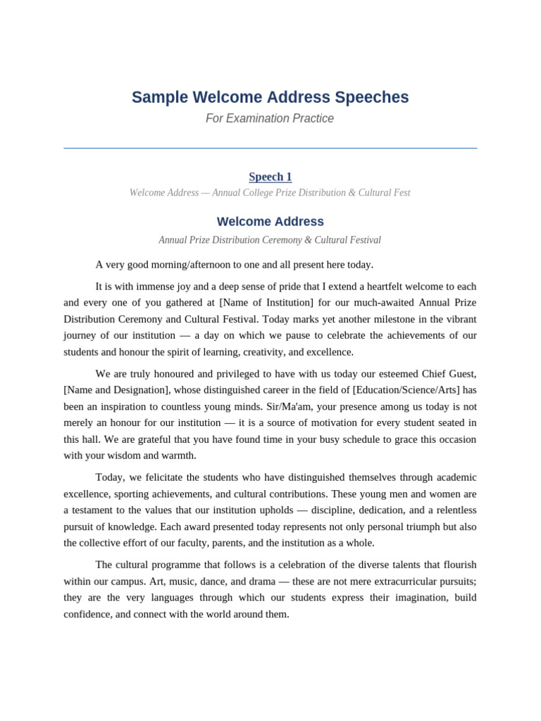 Welcome Speeches Sample | PDF