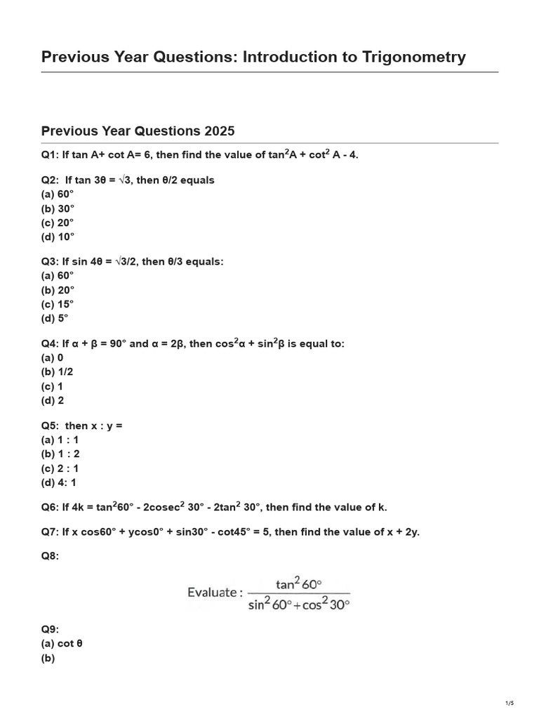 10th Trigonometry PYQs | PDF | Special Functions | Rotation