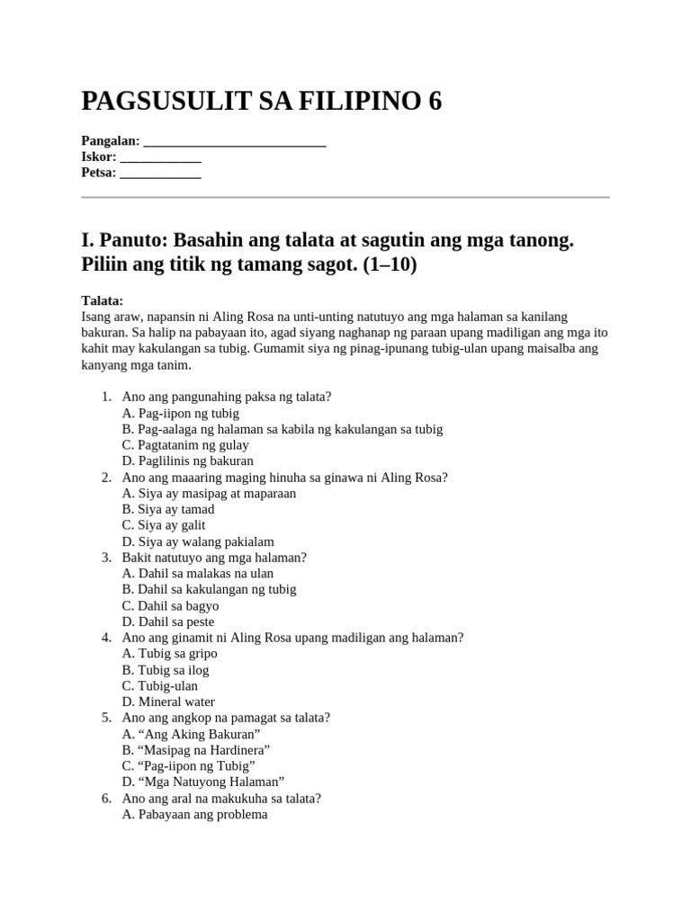 Pagsusulit Sa Filipino 6 | PDF