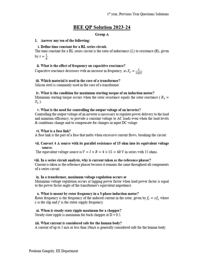 QP Solution 2023-24 | PDF | Transformer | Electric Motor