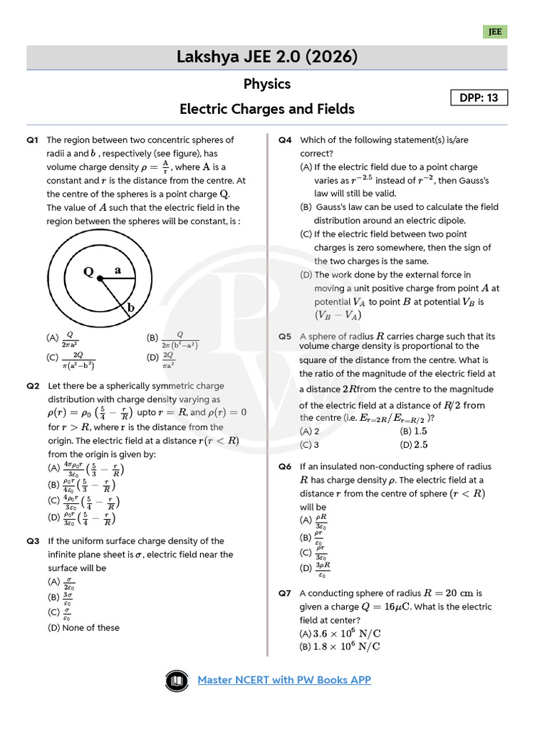Electric Charge and Field DPP 13 (Of Lec 20) | PDF | Electric Field ...