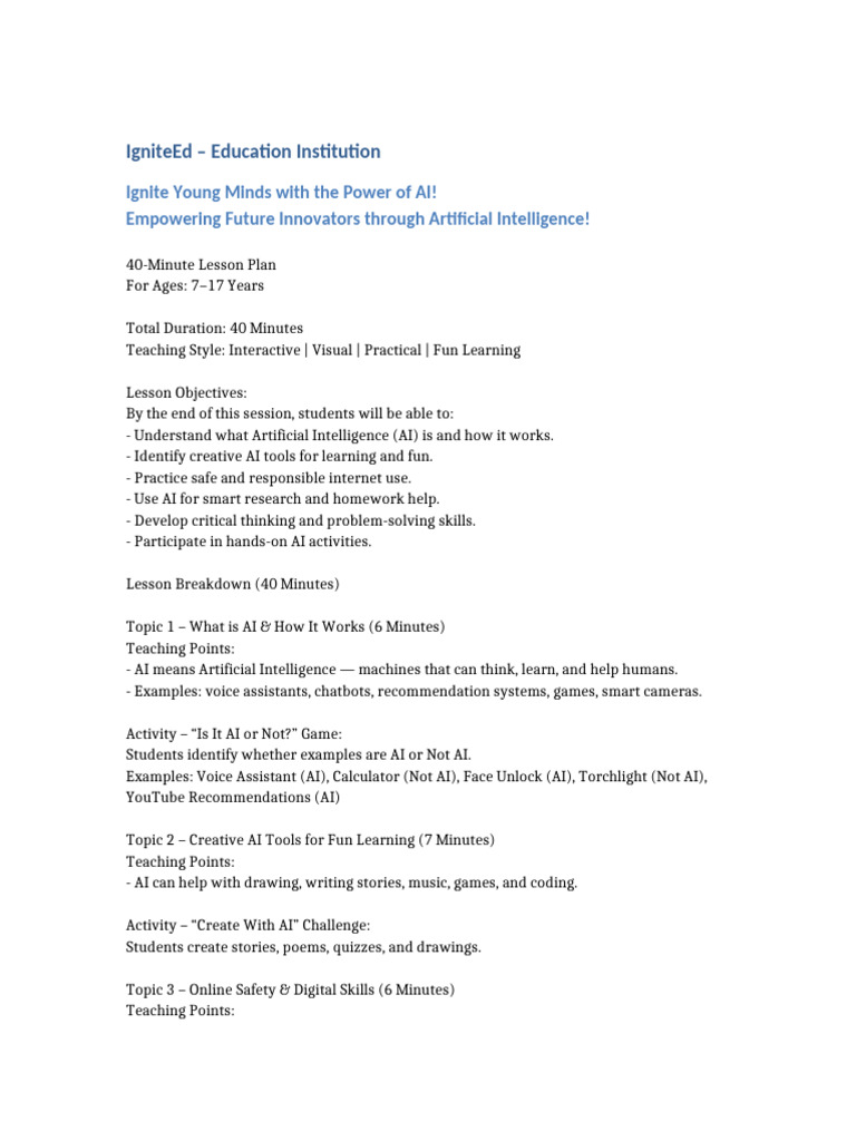 IgniteEd 40 Minute AI Lesson Plan | PDF | Artificial Intelligence ...
