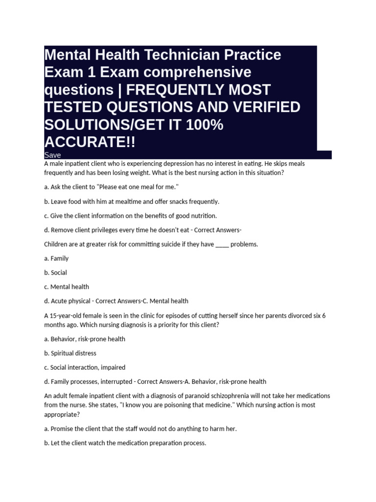 Mental Health Technician Practice Exam 1 Exam Comprehensive Questions ...