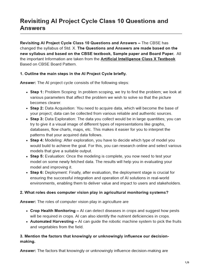 1 Revisiting AI Project Cycle Class 10 Questions and Answers+ | PDF ...