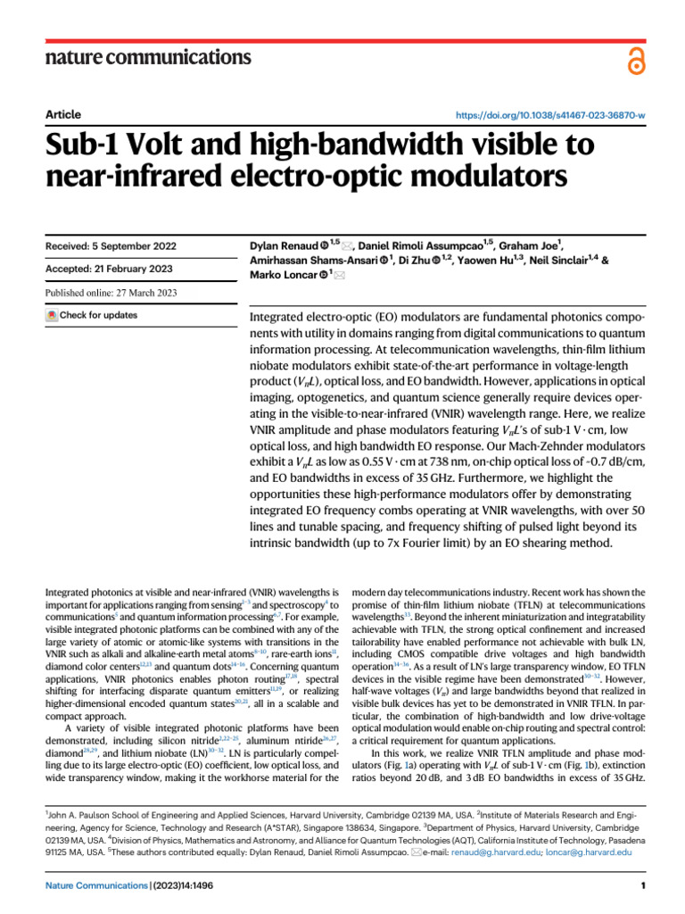 Sub-1 Volt and High-Bandwidth Visible To Near-Infrared Electro-Optic ...