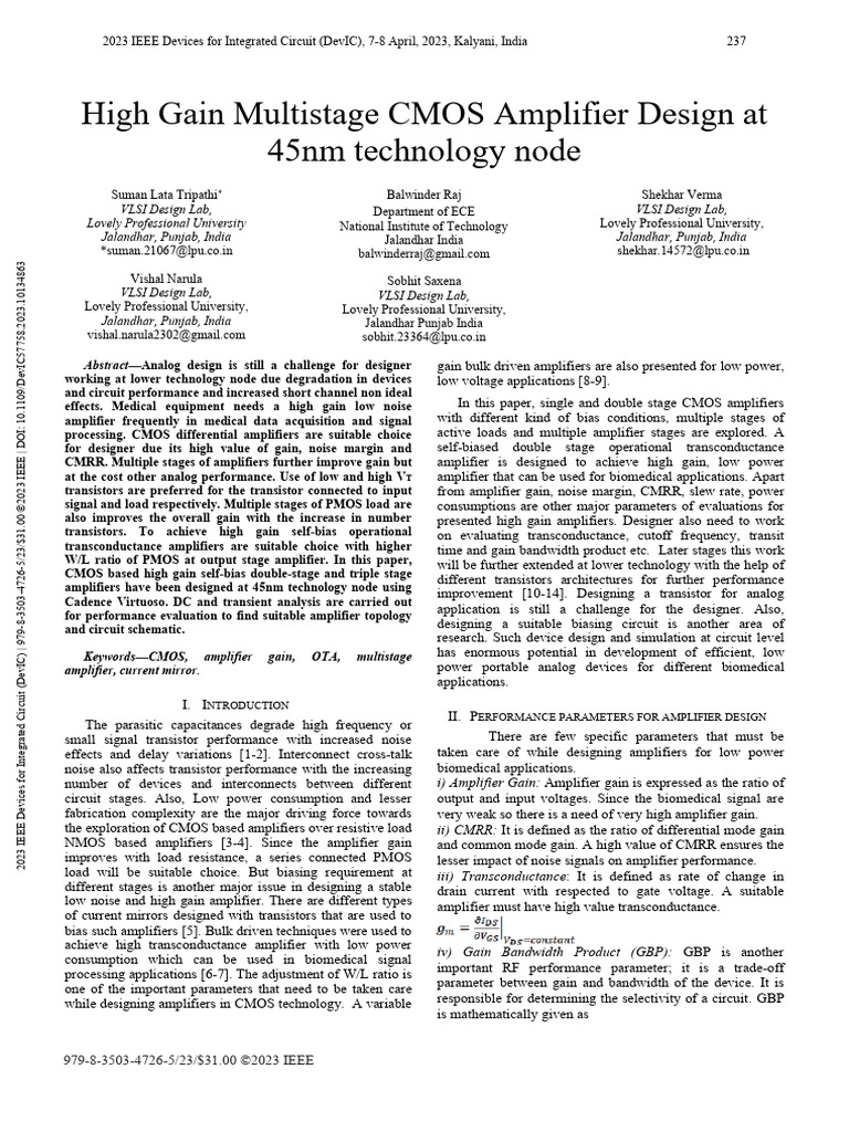 High Gain Multistage CMOS Amplifier Design at 45nm Technology Node ...
