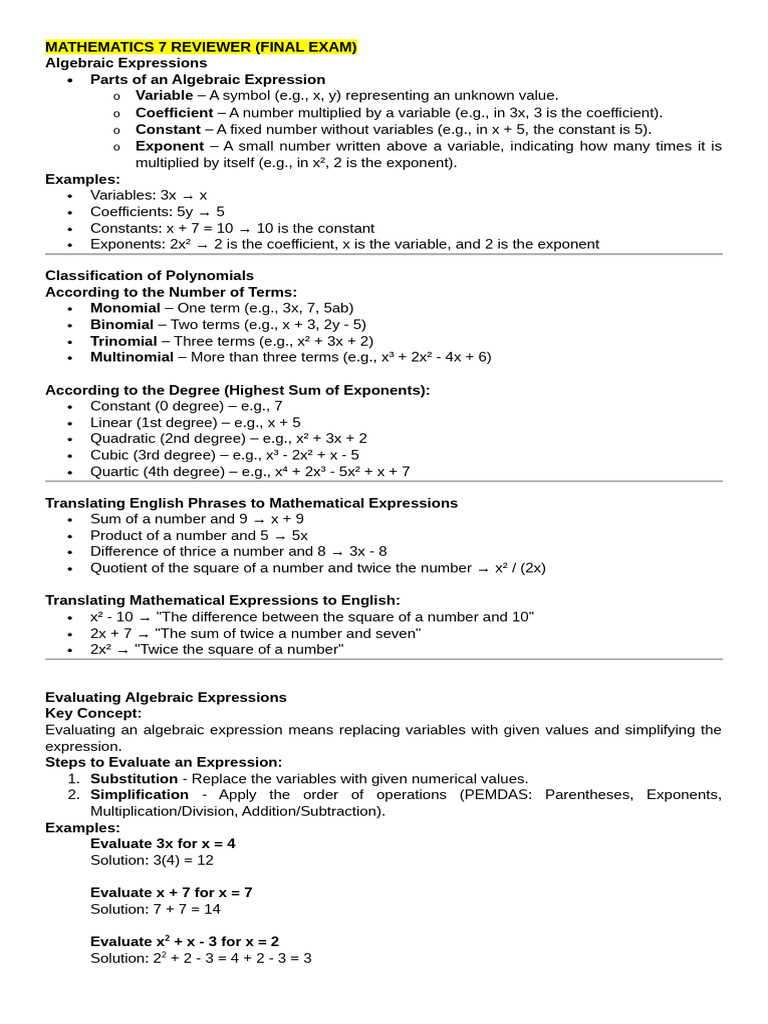 Mathematics 7 Reviewer | PDF | Polynomial | Equations