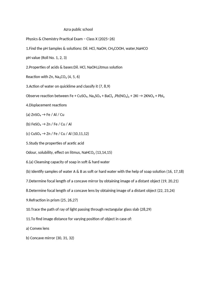 Phy Chem Practicals 2025-26 (X) | PDF