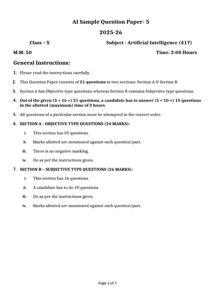 AI X Sample Paper 5 Question Paper | PDF | Artificial Intelligence ...