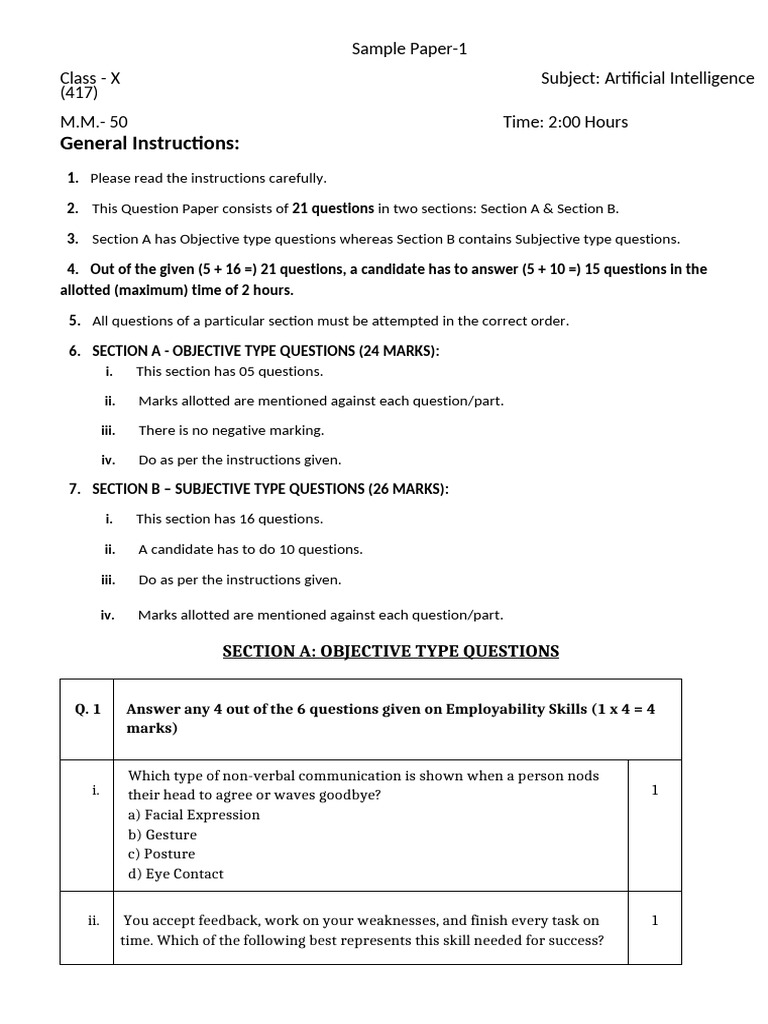 AI X Sample Paper 1 Question Paper | PDF | Artificial Intelligence ...