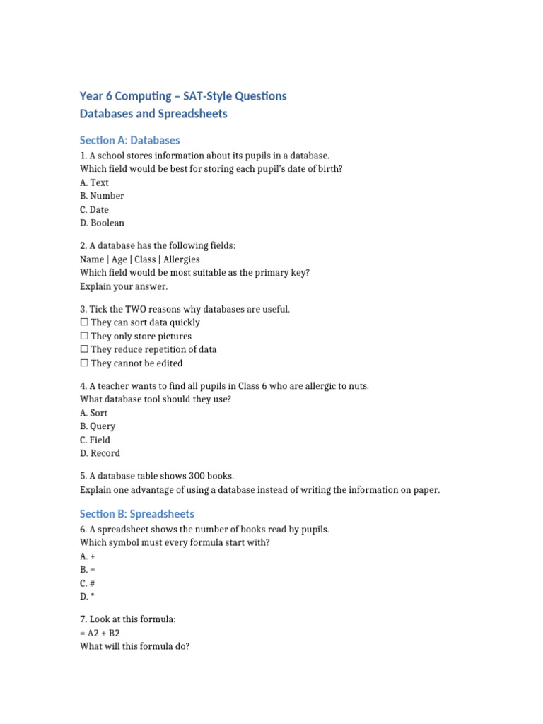Year 6 Computing SAT Style Databases Spreadsheets | PDF