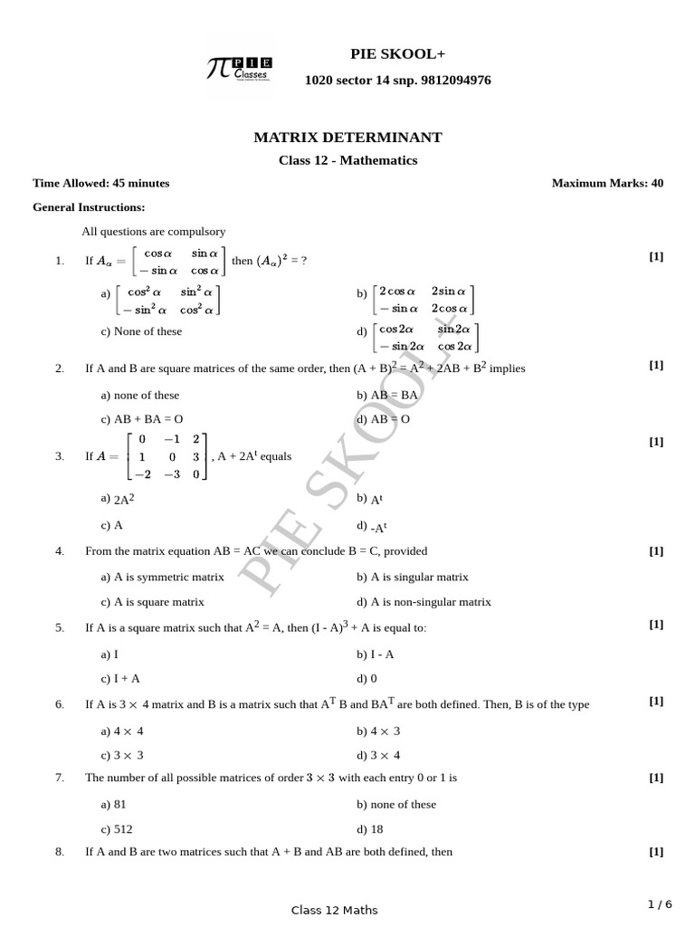 Matrix Determinant Test | PDF | Matrix (Mathematics) | Operator Theory