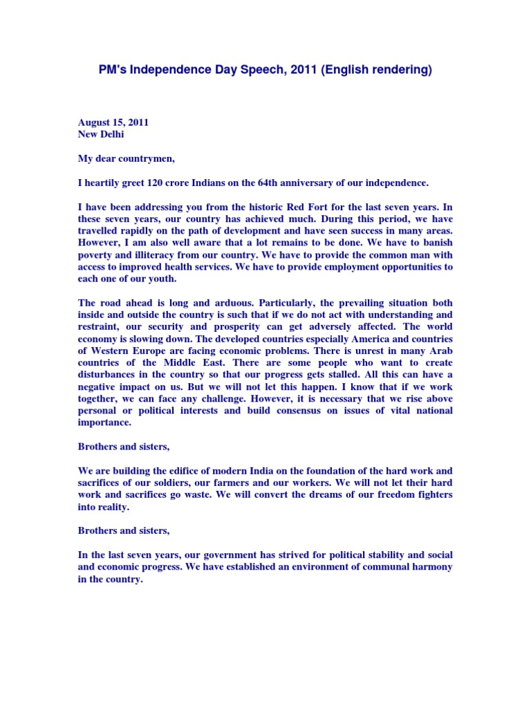 Independence Day Speech For Students In English Pdf