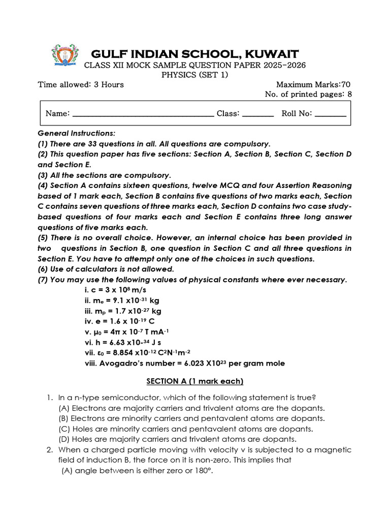 Xii Physics Mock Sample Question Paper 1 | PDF | Electron ...